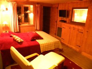 ein Schlafzimmer mit einem Bett und einem Stuhl in einem Zimmer in der Unterkunft CHALET GRINCH 90m2, 3 Sdb, skis aux pieds, wifi in Tignes