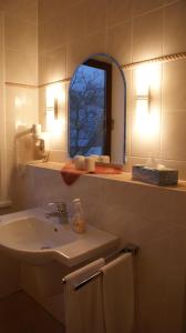 a bathroom with a sink and a mirror at LandHotel Lönskrug in Hellental