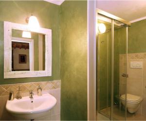 bagno con lavandino, servizi igienici e specchio di Casacenti B&B a Siena