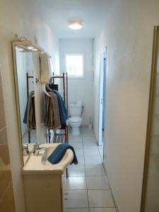 a bathroom with a sink and a toilet and a mirror at appartement de la callade in Peyriac-de-Mer