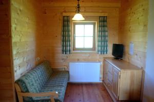 a room with a couch and a tv and a window at Lärchenhütte in Tauplitzalm