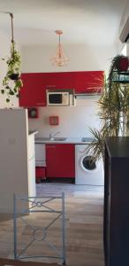 eine Küche mit roten und weißen Schränken und einem Geschirrspüler in der Unterkunft Studio Lou Nidou, Nice Centre in Nizza