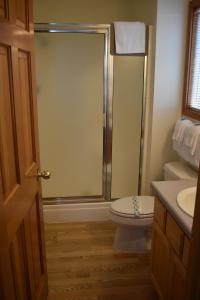 a bathroom with a shower and a toilet and a sink at Coquille Point Condo in Bandon