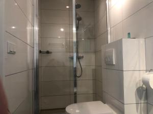 La salle de bains est pourvue d'une douche en verre et de toilettes. dans l'établissement Logies het Noordwestertje, à Den Burg