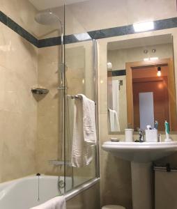 een badkamer met een douche, een wastafel en een bad bij Atrio Zamora in Zamora