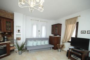 een woonkamer met een bank en een televisie bij Beautiful Studio in traditional Afytos Halkidiki-UVC sterilized in Afitos