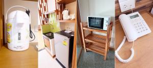 two pictures of a room with a phone and a refrigerator at Dhotel Pattaya in Nong Prue