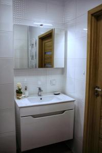 a white bathroom with a sink and a mirror at Apartamenty Polanka in Poznań