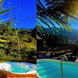 un collage de tres fotos de una piscina en Pousada Magia da Montanha, en Visconde De Maua