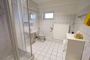 a white bathroom with a shower and a toilet at Haus Panorama in Sankt Andreasberg