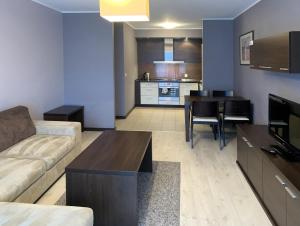 コウォブジェクにあるApartament Tit Aquarius Spaのリビングルーム(ソファ、テーブル付)、キッチンが備わります。