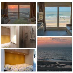 a collage of photos of a room with a view of the ocean at middelkerke - frontaal zeezicht in Middelkerke