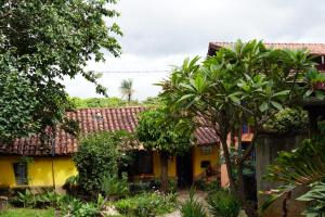 a yellow house with trees in front of it at Pousada Águas de Março in Sao Jorge