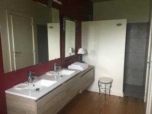 baño con 2 lavabos y espejo grande en Chambres Ambroisie, en Gueytes-et-Labastide