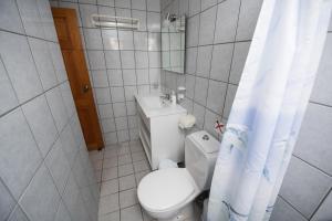 a bathroom with a toilet and a sink and a mirror at Irene Komos in Pitsidia