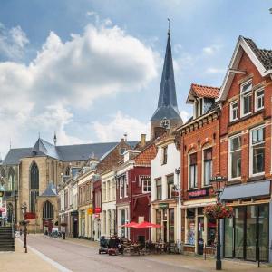 een straat met gebouwen en een kerk bij De Zevenster "gevestigd aan de winkelstraat" in Kampen