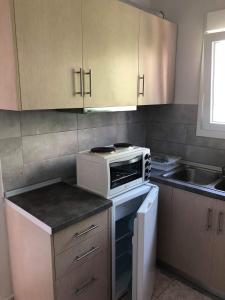 a small kitchen with a microwave and a sink at Samakovlis Apartments in Néa Michanióna
