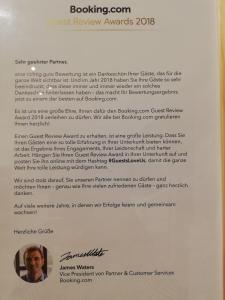 a letter from the most review awards at Ferienwohnung Einbeck FeWo B Nolte in Einbeck
