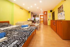a hospital room with a bed and a kitchen at center of Bratislava with jacuzzi in Bratislava