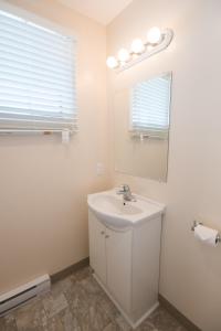 een witte badkamer met een wastafel en een spiegel bij Trapper's Choice Inn & Restaurant in Parry Sound