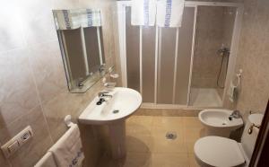 uma casa de banho com um lavatório, um WC e um chuveiro em HOTEL LORENZO em Carvalhinho