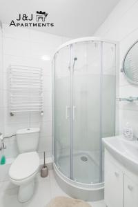 łazienka z prysznicem, toaletą i umywalką w obiekcie J&J Apartments Szeroka 25 Apartament 1 w Toruniu