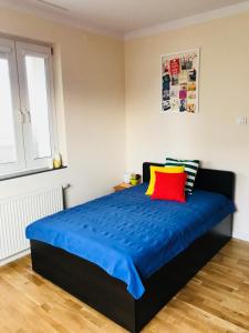 sypialnia z łóżkiem z niebieską pościelą i kolorowymi poduszkami w obiekcie Słoneczne Skorosze w Warszawie