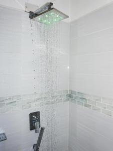 a bathroom with a shower with a shower head at Calliandras Apartment Complex in Kingstown