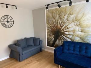 sala de estar con sofá azul y reloj en Studio Nad Morzem en Gdansk