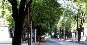 een gele auto geparkeerd aan de zijkant van een met bomen omzoomde straat bij 2V1 - Blloku MAC in Tirana