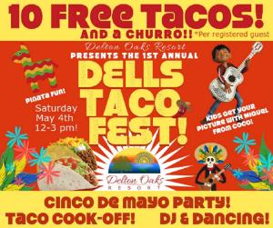 a flyer for a taco fest with a poster for a party at Delton Oaks Resort Motel in Wisconsin Dells