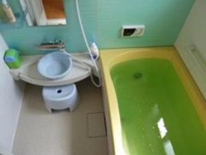 a bathroom with a green tub and a toilet at Guesthouse Mintaro Hut in Yamagata