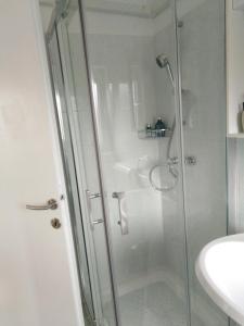 una ducha con una puerta de cristal junto a un lavabo en Apartments Anica, en Pula