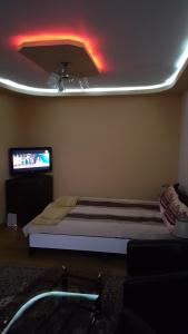 a bedroom with a bed and a flat screen tv at Near center in Petroşani