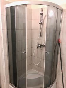 W łazience znajduje się prysznic ze szklanymi drzwiami. w obiekcie Student-House Kazimierzowska w Warszawie