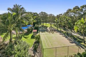 an overhead view of a tennis court with palm trees at 23 At The Islander in Point Lookout