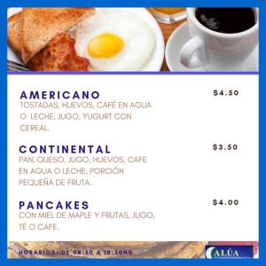a menu for an american breakfast with an egg and a cup of coffee at Hostal Alua Rio in Quito