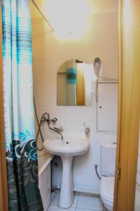 La salle de bains est pourvue d'un lavabo, de toilettes et d'un miroir. dans l'établissement Ust-Kamenogorsk Hotel, à Öskemen