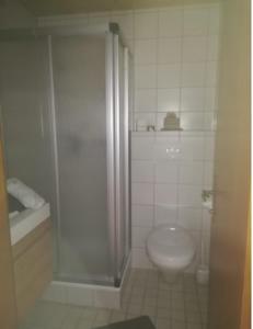 マイヤーホーフェンにあるGästehaus Waldruhの白いバスルーム(トイレ、シャワー付)