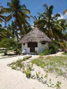 a small hut on a beach with palm trees at Kilwa Beach Lodge in Kilwa Masoko