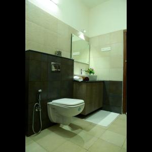 ein Badezimmer mit einem WC, einem Waschbecken und einem Spiegel in der Unterkunft Dakshin Ghats in Tariyod