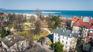 an aerial view of a city and the ocean at Apartment Evita in Sopot