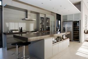 a kitchen with a large island in a room at Blue Horizon in Knysna
