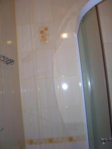 La salle de bains est pourvue d'une douche avec une porte en verre. dans l'établissement Злоторія, à Moukatcheve