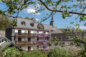 un edificio con fiori viola di fronte di Hotel Heintz a Vianden