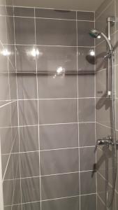 a bathroom with a shower with a glass door at Studio calme et confortable proche de Saint-Chamond in LʼHorme