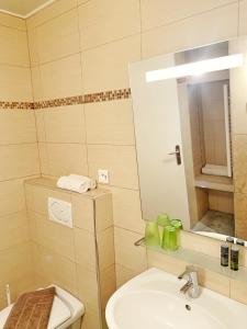 a bathroom with a sink and a mirror and a toilet at Hôtel Beau Soleil in Le Lavandou