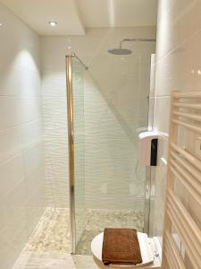 a bathroom with a glass shower with a toilet at Hôtel Beau Soleil in Le Lavandou