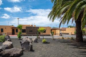 a building with a palm tree and some rocks at Ciel y Mar in La Oliva