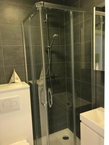 eine Dusche mit Glastür im Badezimmer in der Unterkunft Residentie Sorrento in Middelkerke + 21 Fotos